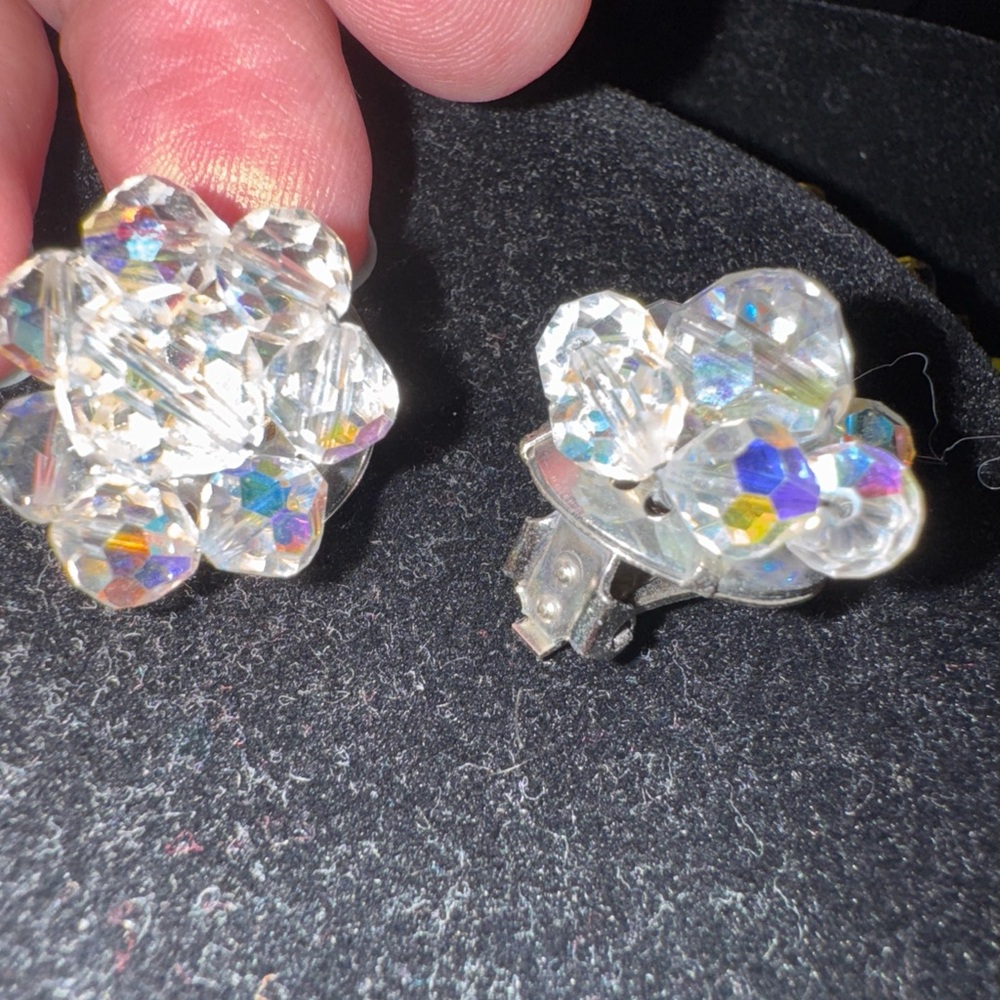 Vintage Crystal Necklace 3 Strands Clip On Earrings Aurora Borealis Set Art Deco - Picture 12 of 15